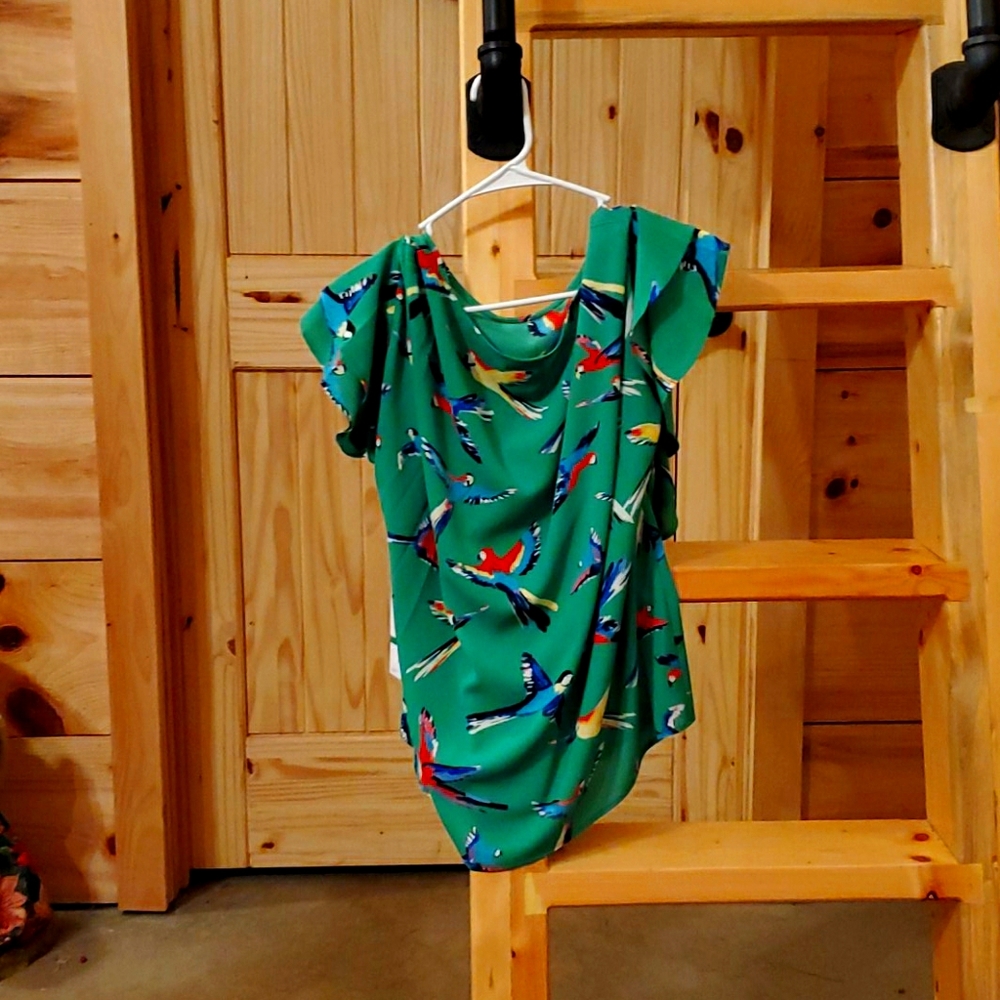 Ruby Rd. Green Blouse with Colorful Bird Print